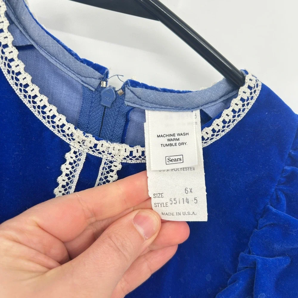 Vintage Prairie Velvet Lace Ruffle Dress Girls 10-12 Blue Cottagecore Holiday